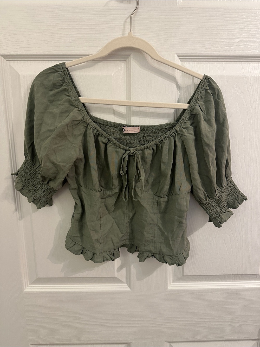 SO Olive Green Peasant Blouse with Tie Front